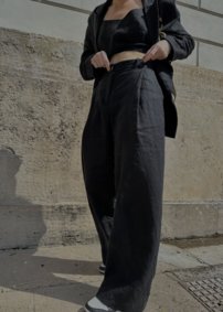 IVANA ľanové široké nohavice s vysokým pásom BLACK